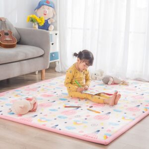 Loartee Baby Foam Play Mat - 1" Thick Area Rug, Soft Crawling Mat for Kids, Nursery Rug with Cartoon Pattern, 4'11"x6'7", Hot Air Balloon, Pink