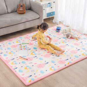 Loartee Baby Foam Play Mat - 1" Thick Area Rug, Soft Crawling Mat for Kids, Nursery Rug with Cartoon Pattern, 4'11"x6'7", Hot Air Balloon, Pink