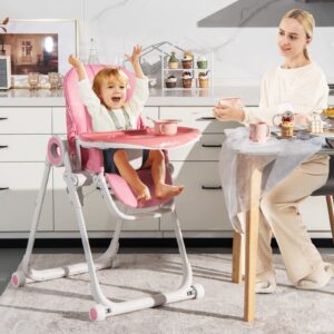 BABY JOY High Chair for Babies & Toddlers, Foldable Highchair with Adjustable Backrest/Footrest/Seat Height, Double Removable Trays, Detachable Seat Cushion, 4 Lockable Wheels (Pink)