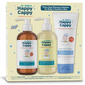 happy cappy three step skincare solution bundle- baby dandruff shampoo, eczema body wash and lotion for kids, toddler, adults, moisturizing cream, reduces itching, dermatologist tested, fragrance-free