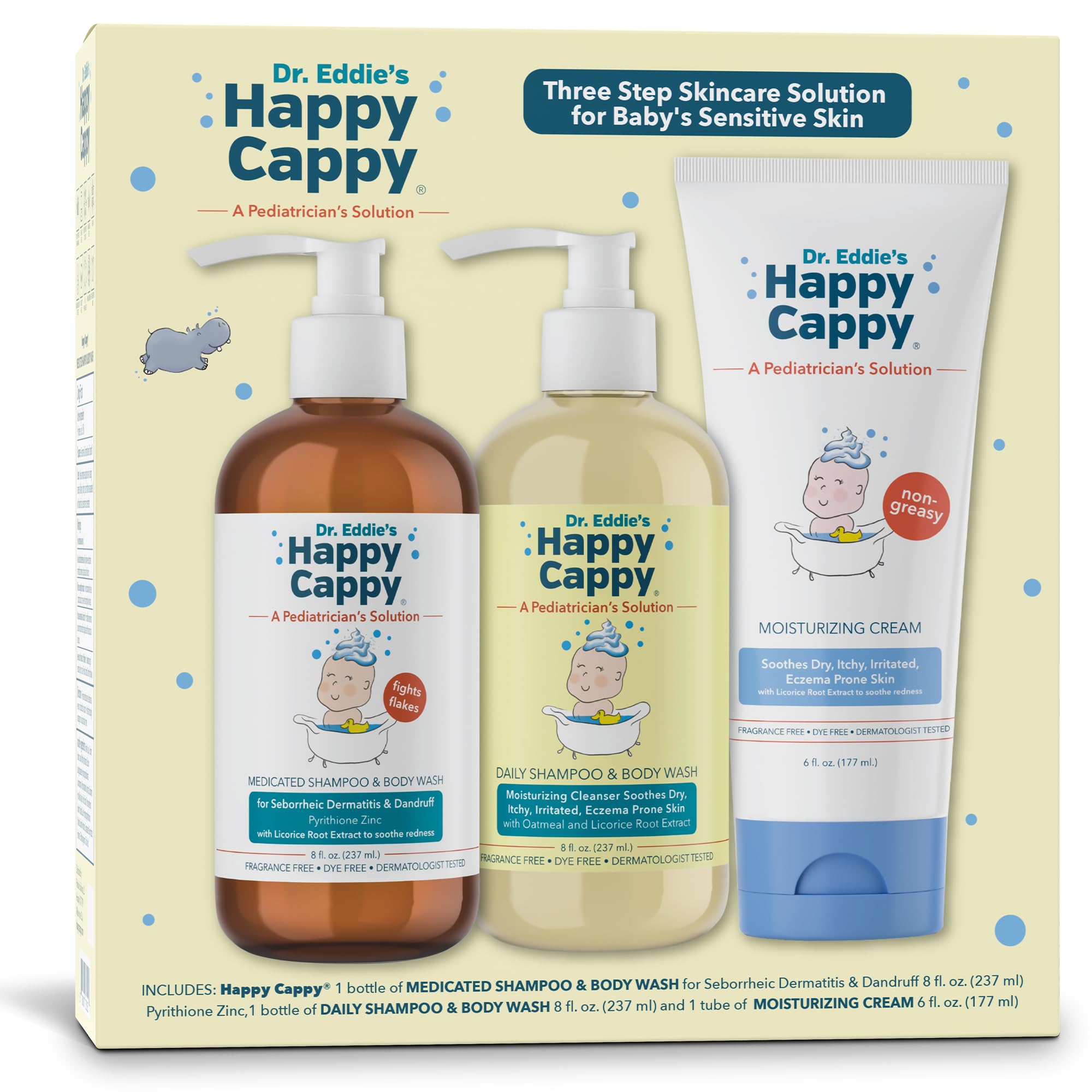 Happy Cappy Three Step Skincare Solution Bundle- Baby Dandruff Shampoo, Eczema Body Wash and Lotion for Kids, Toddler, Adults, Moisturizing Cream, Reduces Itching, Dermatologist Tested, Fragrance-Free