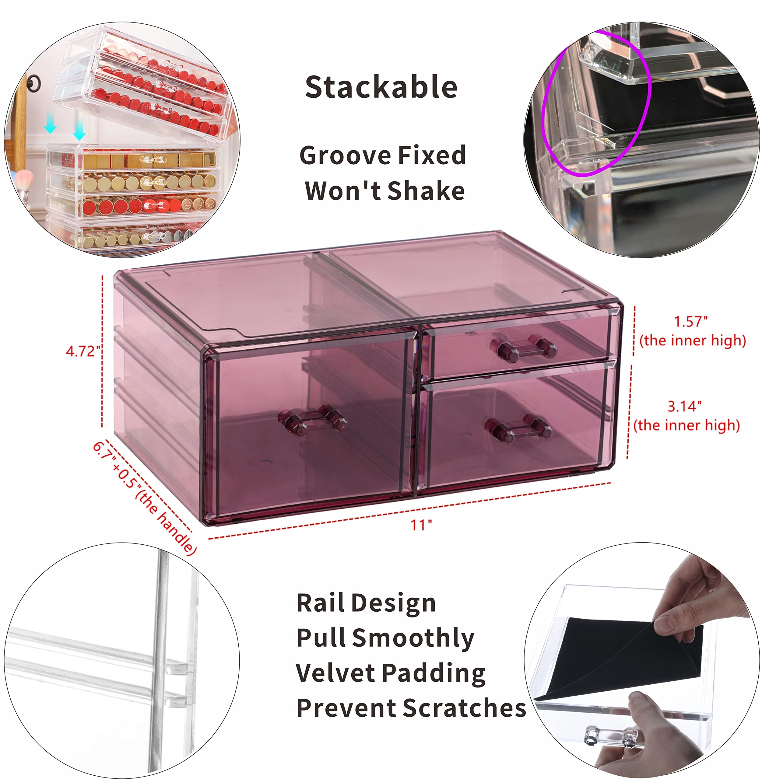 Cq acrylic Purple Stacking Arts and Crafts Organizer Storage With 3 Drawers,4.7" Tall Acrylic Organizer Drawers,Plastic Organization Drawers for Vanity, Undersink, Kitchen Cabinets,Bathroom