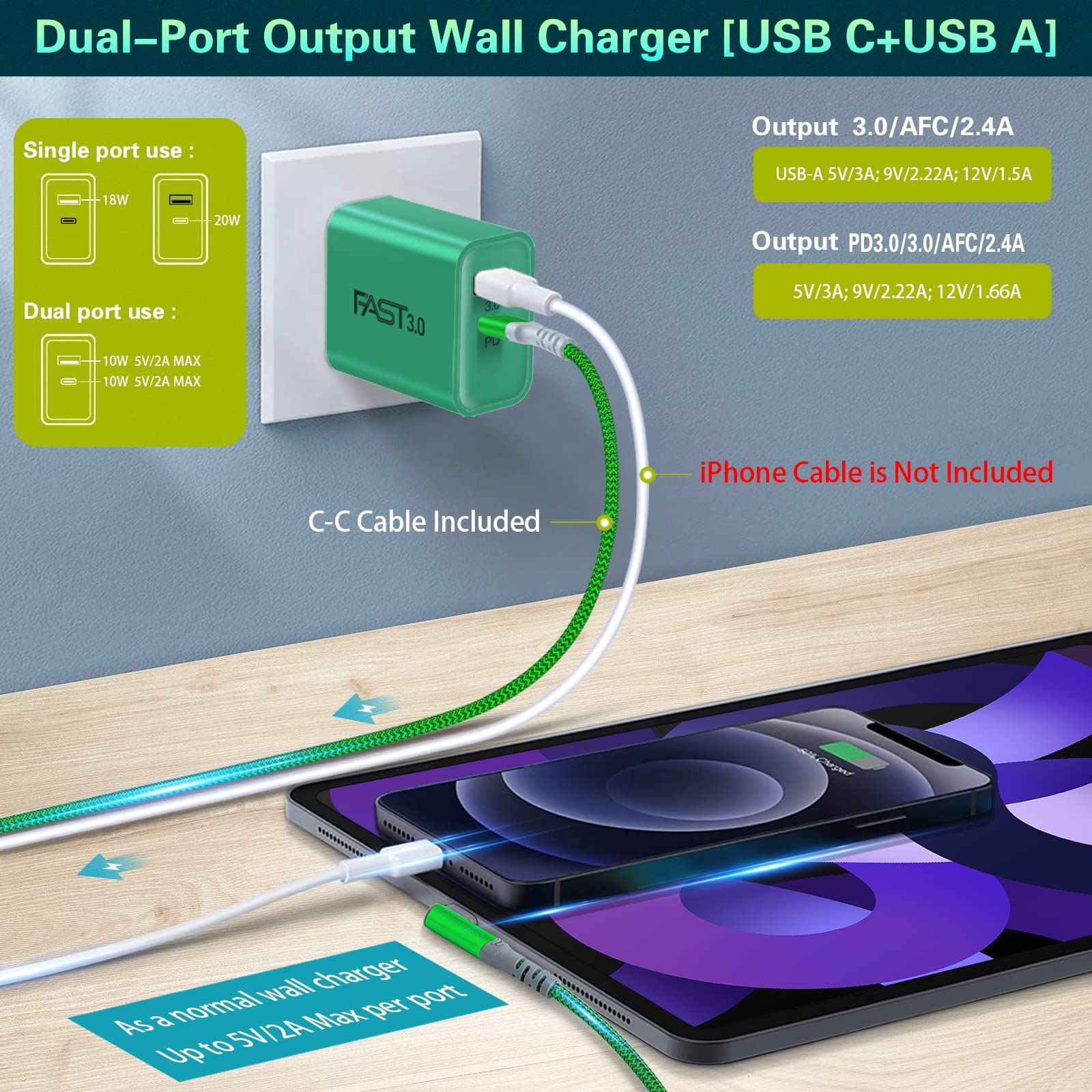 Fast Charging Wall Charger with USB C Cable 10FT, 2-Pack 20W USB C Power Adapter Dual Port Fast Charger Block+ Right-Angle 3A C to C Cable Fit for iPhone 15 Samsung Galaxy S22 Ultra S21 S20 S10 Pixel