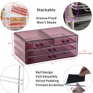 Cq acrylic Hair Clip Organizer With 4 Drawers,Stacking Make Up Organizers and Storage And Desk Purple Containers and Bathroom Cabinet Organizers and Storage For Palettes,Cosmetic,and Beauty For Vanity