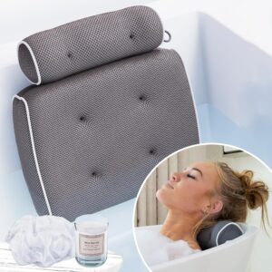 SunSerenity Luxury Bath Pillow for Tub - Relaxing Bath Tub Accessory – Bath Tub Pillow for Head and Back, Unscented Candle, Sponge Loofah, Laundry Bag, & Suction Tool – White on Grey