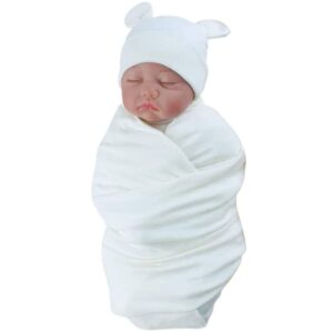 Exemaba Unisex Baby Swaddle Blanket with Hat Set Newborn Swaddle Receiving Blankets Sleep Sack for 0-3 Months Boys Girls(White)