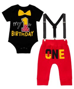 lensous baby boys first birthday cake smash outfits bowtie one year old romper pants set（red,18-24 months）