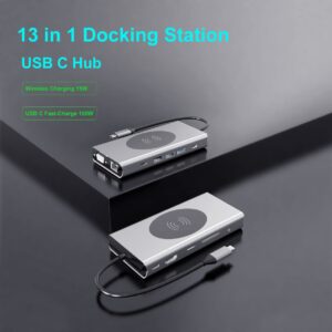 yoerm Docking Station USB C Hub 13-in-1 with Wireless Charging Station, USB C to HDMI, Ethernet, VGA, 5 USB and SD/TF, 100W PD, 3.5mm Audio