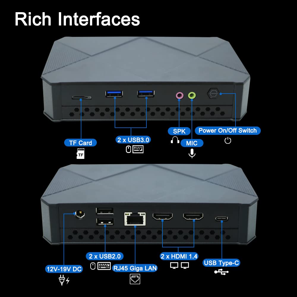 Dual Display Mini PC Intel Celeron J4125 Desktop Fast Networking Light Gaming Computer 8GB DDR4 256GB SSD Windows 11 Pro Dual HDMI Type-C 2x4K Display WiFi,HDMI,BT