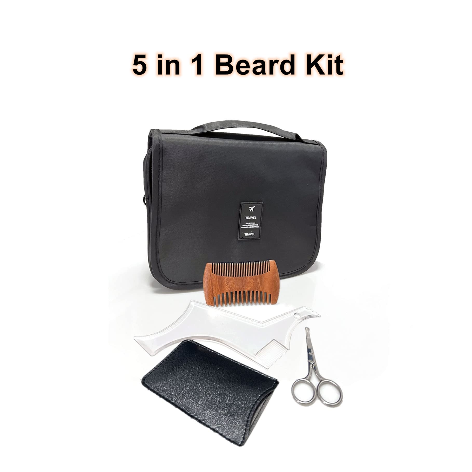 5 Sets Beard Care Grooming Kit/Beard Shaper,Wood Comb with Leather Case,Mustache Scissors,Storage Toiletry Bag,Beard Template for Men Beard Lineup Guide for Shaving