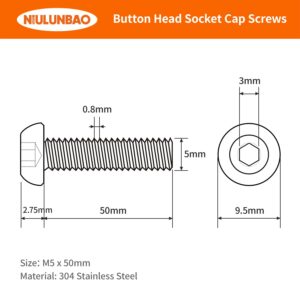 M5-0.8 x 50mm Button Head Socket Cap Screws Bolts 304 Stainless Steel Metric Machine, Allen Hex Drive, Bright Finish Fully Threaded 25PCS