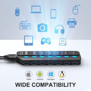 ONFINIO USB Hub 3.0, 7 Port USB Hub Splitter with Individual On/Off LED Switches, 5Gbps HighSpeed Data USB Extension for Laptop, iMac, USB Flash Drives, Mobile HDD, Printer, Camera and More