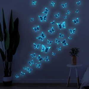 Glow in The Dark Butterfly Wall Decals Blue Luminous Butterfly Wall Stickers Wall Art Butterfly Decor DIY Wall Decals for Kids Girls Bedroom Bathroom Decorations