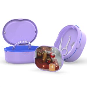 Large Denture Bath Case Cup Box Holder Storage Soak Container， Retainer Case,Mirror Orthodontics Mouth Guard Case,Suitable for Dentures, Partial Dentures, Chews and Removal Tool with Braces（Purple）…