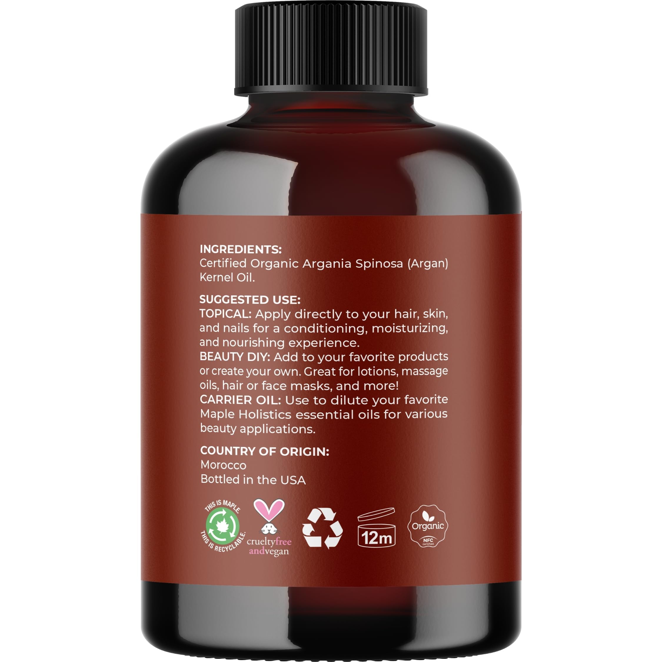 Certified Organic Argan Oil of Morocco - Organic Argan Oil for Hair Skin and Nails Cold Pressed and Unrefined - Organic Argan Oil for Face and Body Care and Organic Hair Oil for Dry Damaged Hair