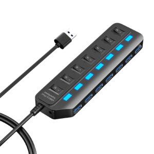 onfinio usb hub 3.0, 7 port usb hub splitter with individual on/off led switches, 5gbps highspeed data usb extension for laptop, imac, usb flash drives, mobile hdd, printer, camera and more