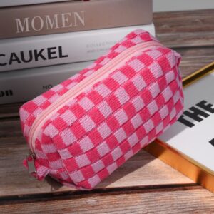 SOIDRAM 2 Pieces Makeup Bag Pouch Checkered Cosmetic Bag Pink Green, Travel Toiletry Bag Organizer Cute Makeup Brushes Storage Bag for Women