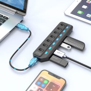 ONFINIO USB Hub 3.0, 7 Port USB Hub Splitter with Individual On/Off LED Switches, 5Gbps HighSpeed Data USB Extension for Laptop, iMac, USB Flash Drives, Mobile HDD, Printer, Camera and More