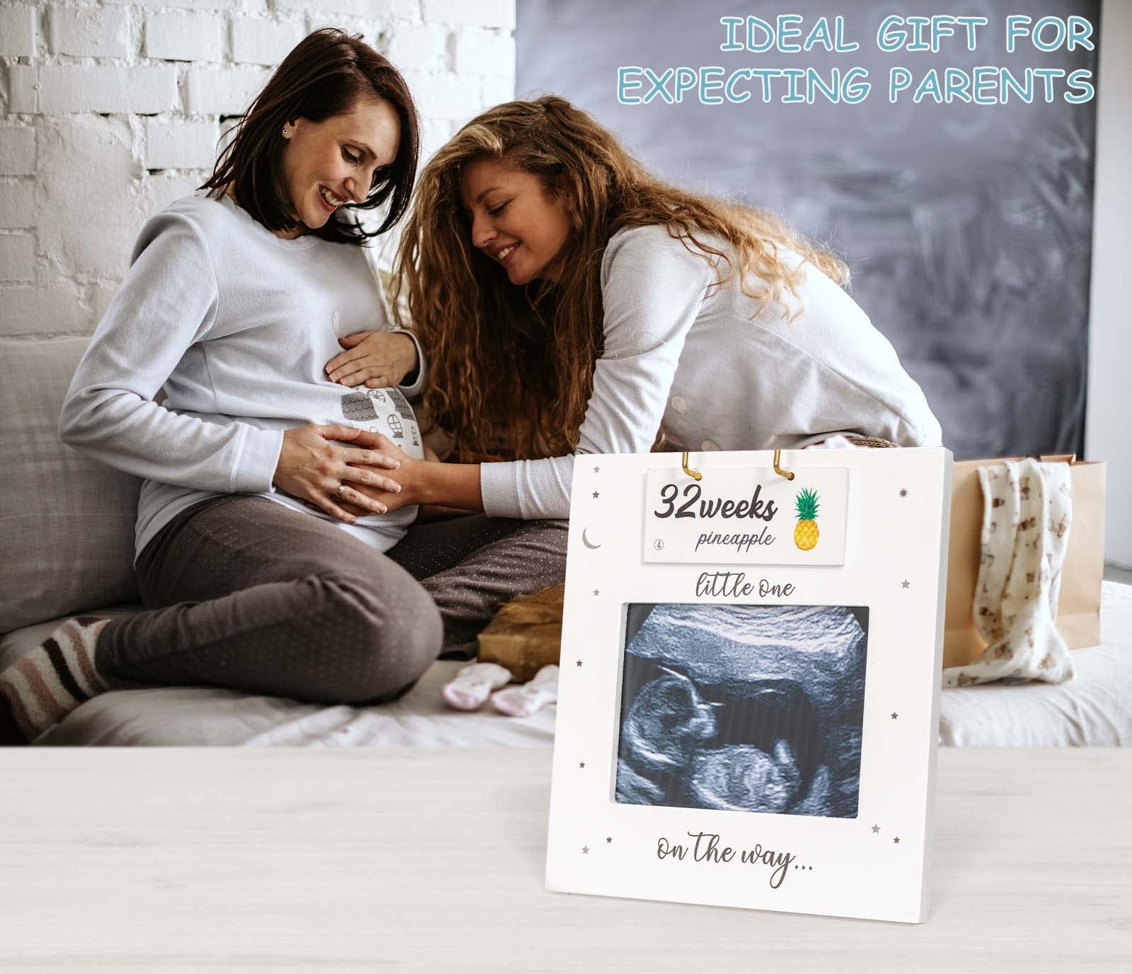 Ultrasound picture Frame, Sonogram Picture Frame with Belly Bump Fruit and Vegetable Signs, Expecting Parents to be Unique Gifts for Pregnant Women, Pregnancy Milestone to Track Baby Grow, White