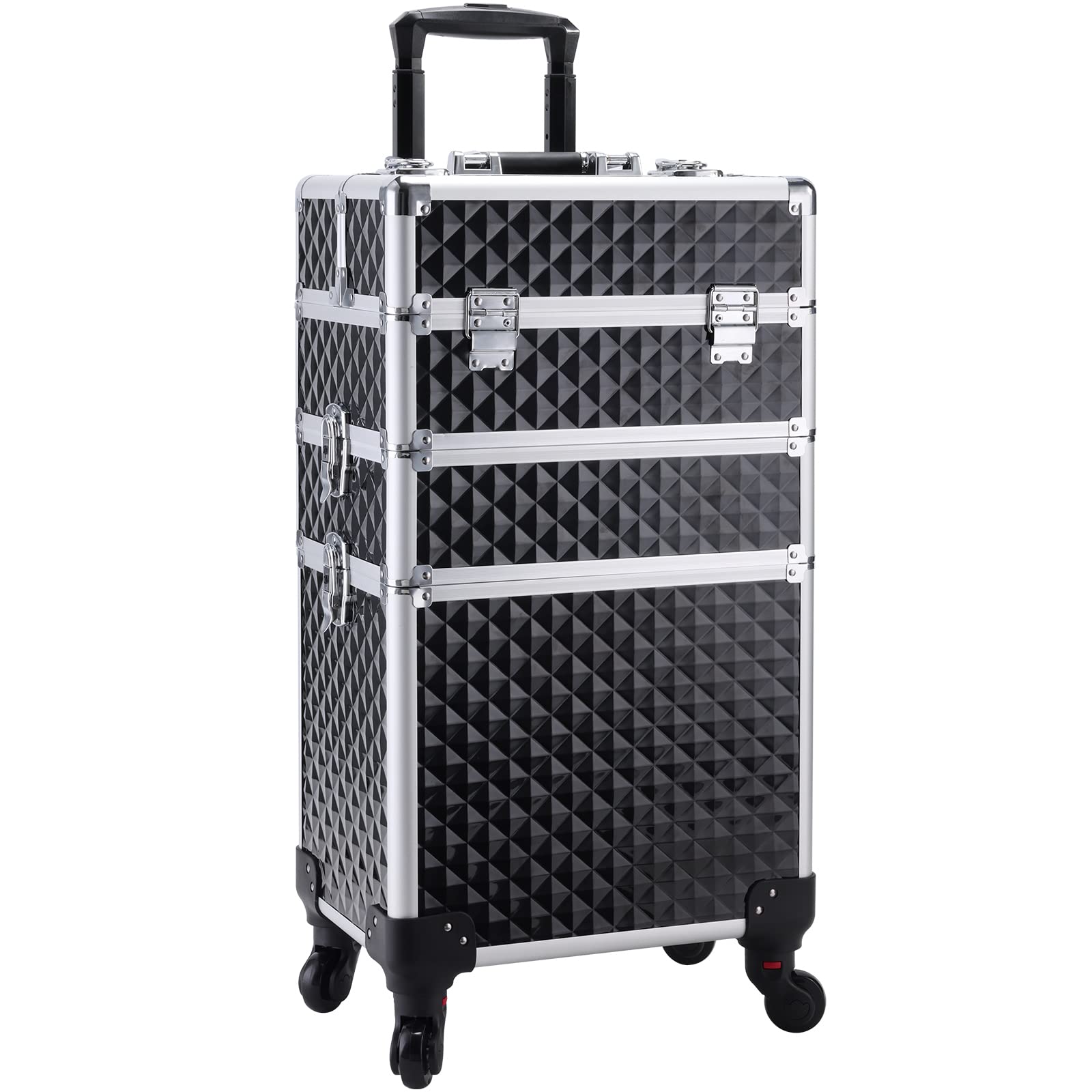 Adazzo 3 in 1 Professional Rolling Makeup Train Case Aluminum Trolley Case with 360° Rotation Wheels for Makuep Artist Cosmetic Suitcase Organizer with Lock and Key Diamond Pattern - Black