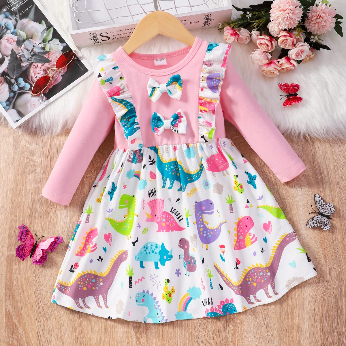 RETSUGO Baby Girl Dinosaurs Casual Splicing Ruffles Bowknot Dresses for Toddler Girls Long Sleeve Party Winter Outfits dinosaurs-1207-3T