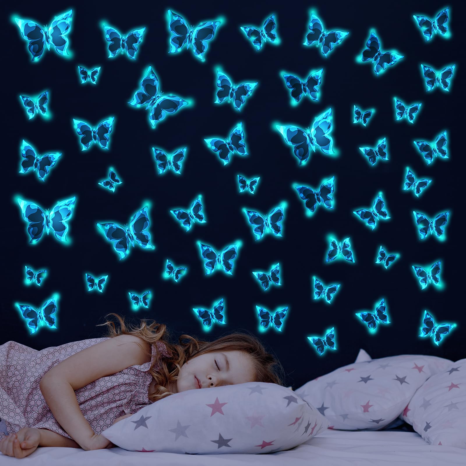 Glow in The Dark Butterfly Wall Decals Blue Luminous Butterfly Wall Stickers Wall Art Butterfly Decor DIY Wall Decals for Kids Girls Bedroom Bathroom Decorations