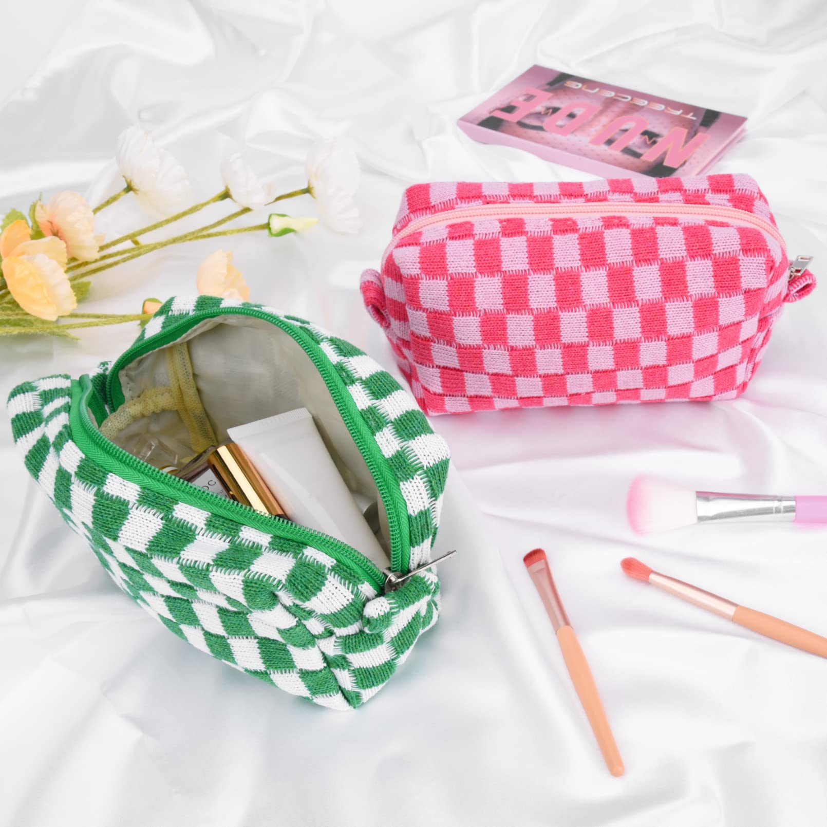 SOIDRAM 2 Pieces Makeup Bag Pouch Checkered Cosmetic Bag Pink Green, Travel Toiletry Bag Organizer Cute Makeup Brushes Storage Bag for Women