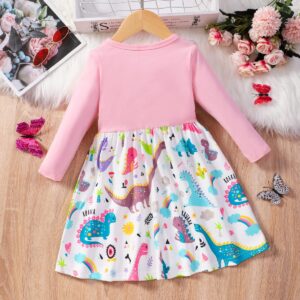 RETSUGO Baby Girl Dinosaurs Casual Splicing Ruffles Bowknot Dresses for Toddler Girls Long Sleeve Party Winter Outfits dinosaurs-1207-3T