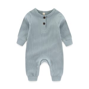 IADOER Newborn Baby Boys Girls One Piece Romper With Mitten Cuffs 3 Pack Long Sleeve Ribbed Button Jumpsuit Outfit Clothes green+blue+gray 6 months Baby Pajamas