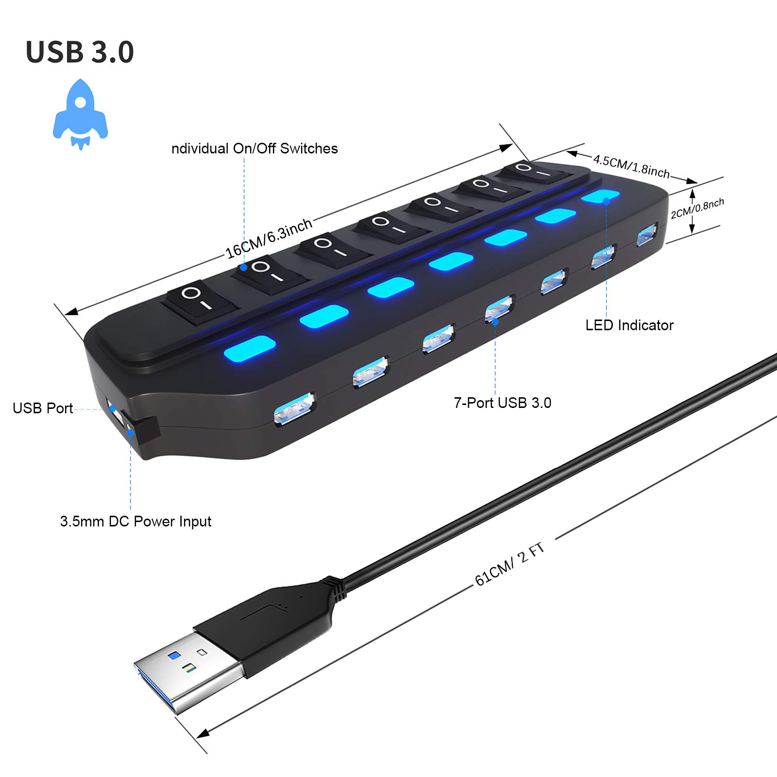 ONFINIO USB Hub 3.0, 7 Port USB Hub Splitter with Individual On/Off LED Switches, 5Gbps HighSpeed Data USB Extension for Laptop, iMac, USB Flash Drives, Mobile HDD, Printer, Camera and More