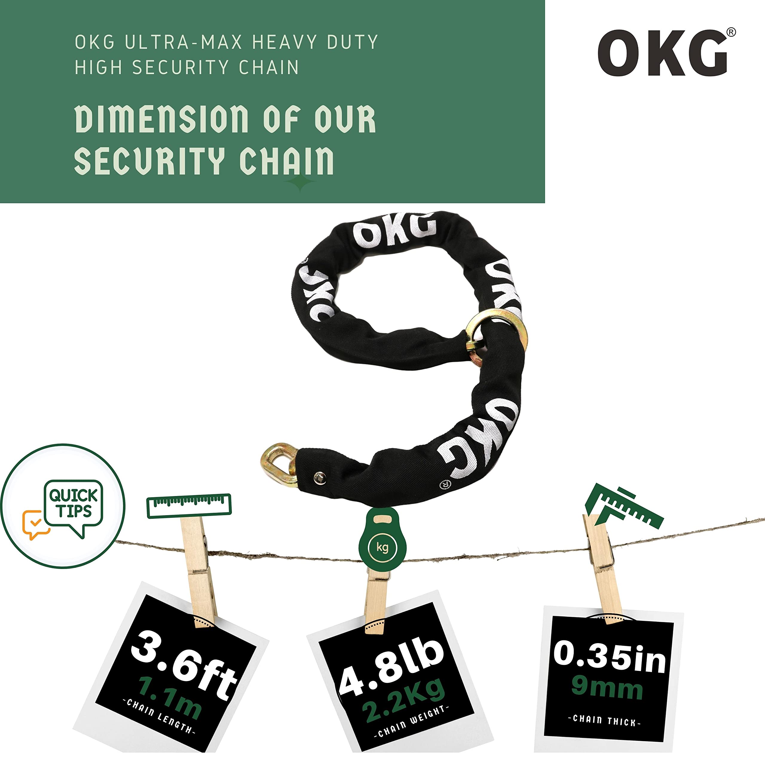 OKG Security Chain - 3.6 ft x 0.36" (9mm) Heavy Duty Chain - Special Hardened Alloy Steel Cut Proof Chain - Premium Anti Theft Garage Chain, E-Bike Chain, Motorcycle Lock Chain, Fence Gate Chain, etc.