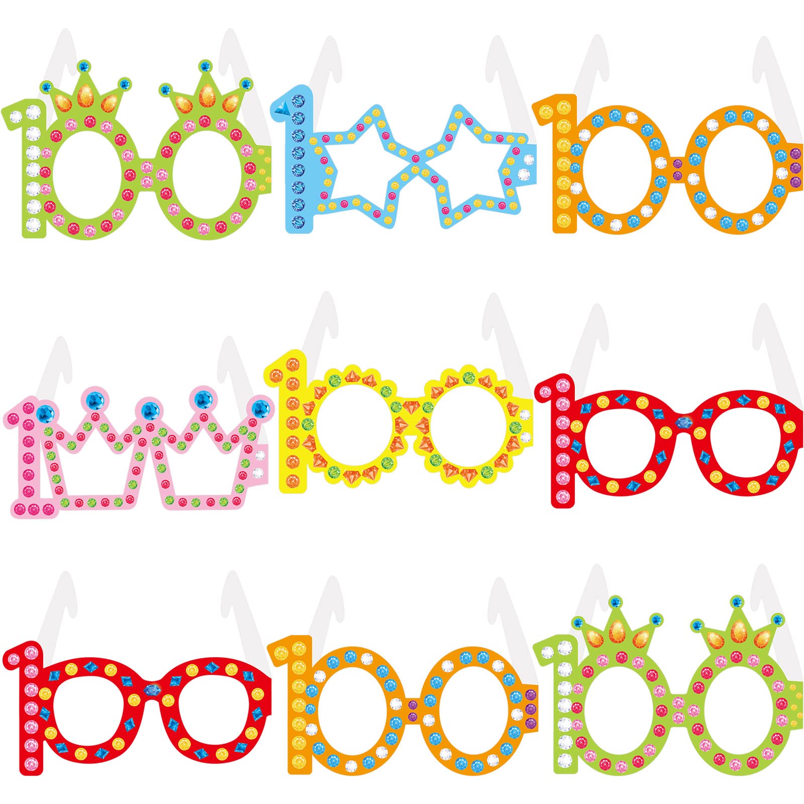 30Pcs 100 Days Paper Glasses Rhinestones 100th Day of School Educational Photo Booth Props Party Favors for Classroom