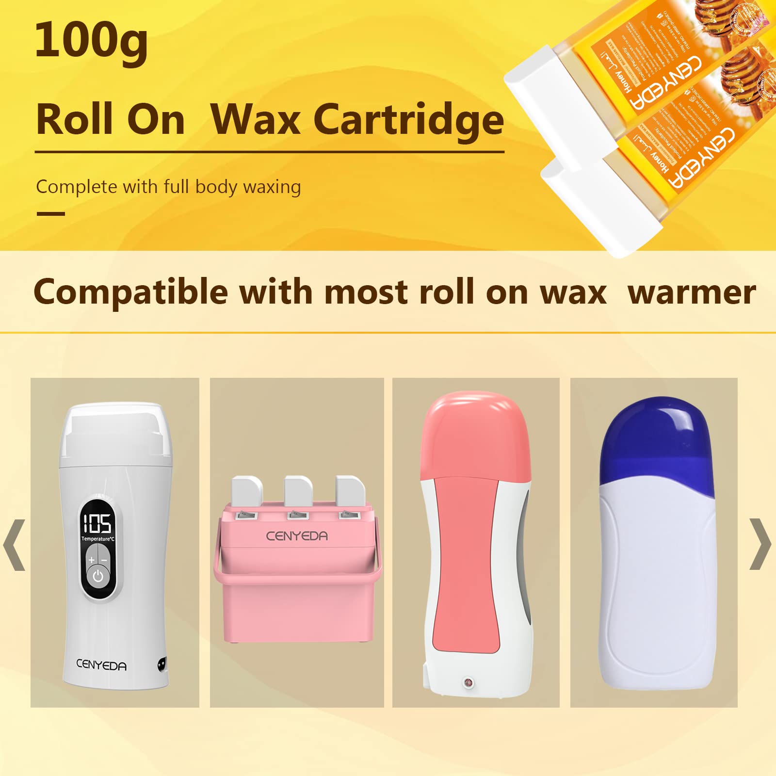 CENYEDA Roll On Wax Kit - Hair Removal Cartridges, 4 Pack Honey Wax Rollers with 50 Strips and 20 After-Wax Treatment Wipes