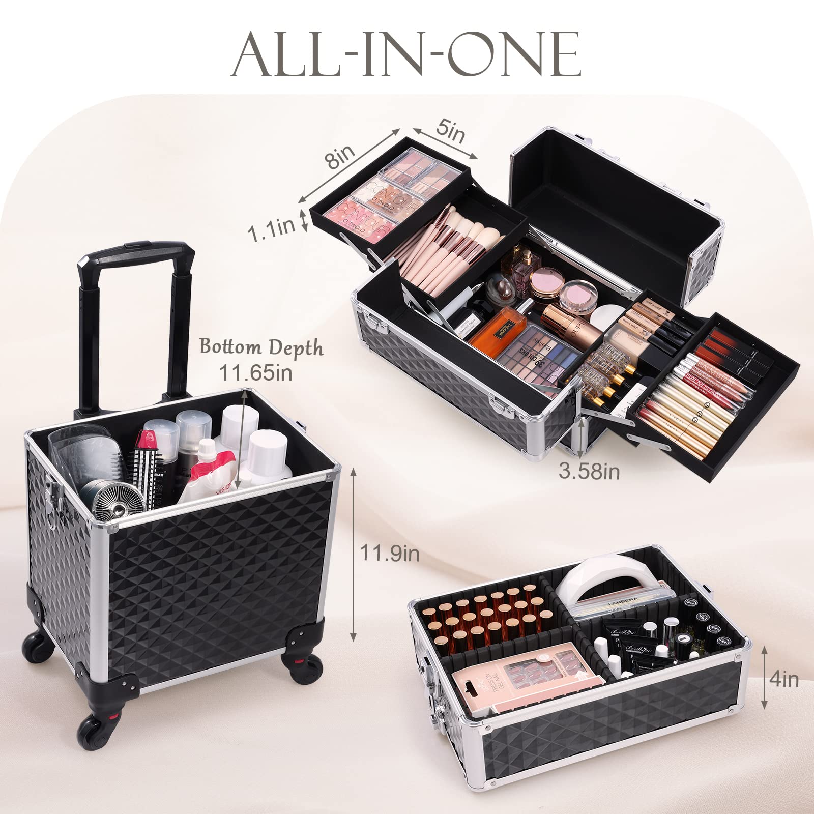 Adazzo 3 in 1 Professional Rolling Makeup Train Case Aluminum Trolley Case with 360° Rotation Wheels for Makuep Artist Cosmetic Suitcase Organizer with Lock and Key Diamond Pattern - Black