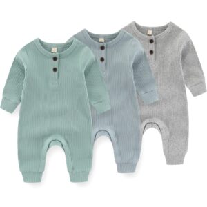 iadoer newborn baby boys girls one piece romper with mitten cuffs 3 pack long sleeve ribbed button jumpsuit outfit clothes green+blue+gray 6 months baby pajamas