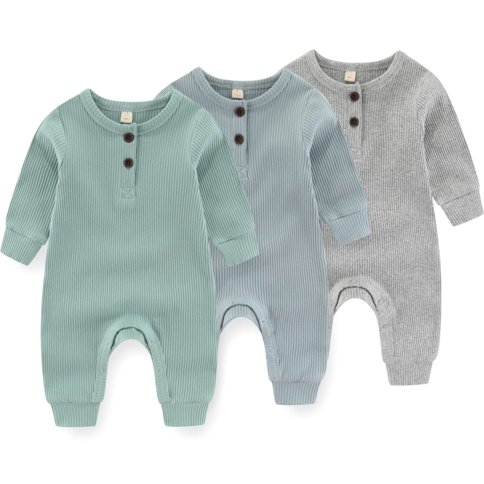 IADOER Newborn Baby Boys Girls One Piece Romper With Mitten Cuffs 3 Pack Long Sleeve Ribbed Button Jumpsuit Outfit Clothes green+blue+gray 6 months Baby Pajamas