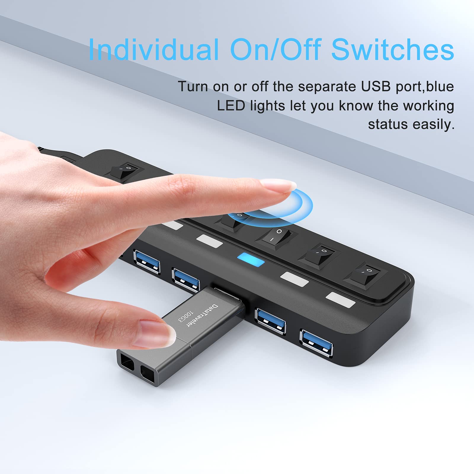 ONFINIO USB Hub 3.0, 7 Port USB Hub Splitter with Individual On/Off LED Switches, 5Gbps HighSpeed Data USB Extension for Laptop, iMac, USB Flash Drives, Mobile HDD, Printer, Camera and More