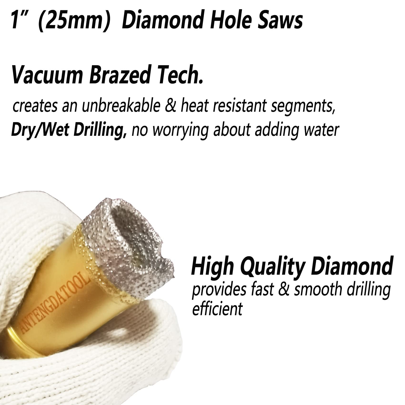 Antengdatool Dry/Wet Diamond Hole Saw Set - 5 Pieces/Box Porcelain/Tile Core Drill Bits Kit for Ceramic Marble Brick Granite Stones for Angle Grinder(25/35/40/50/60mm)