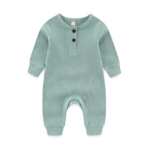 IADOER Newborn Baby Boys Girls One Piece Romper With Mitten Cuffs 3 Pack Long Sleeve Ribbed Button Jumpsuit Outfit Clothes green+blue+gray 6 months Baby Pajamas