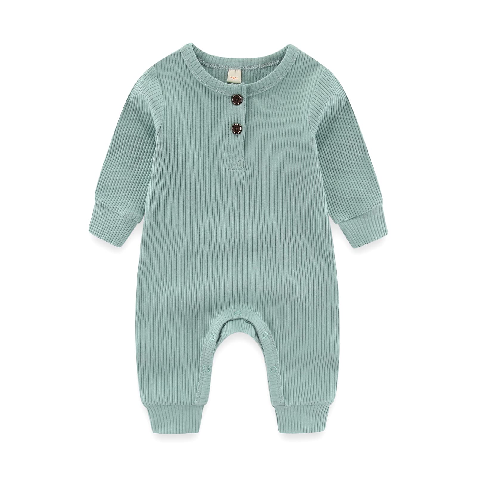 IADOER Newborn Baby Boys Girls One Piece Romper With Mitten Cuffs 3 Pack Long Sleeve Ribbed Button Jumpsuit Outfit Clothes green+blue+gray 6 months Baby Pajamas