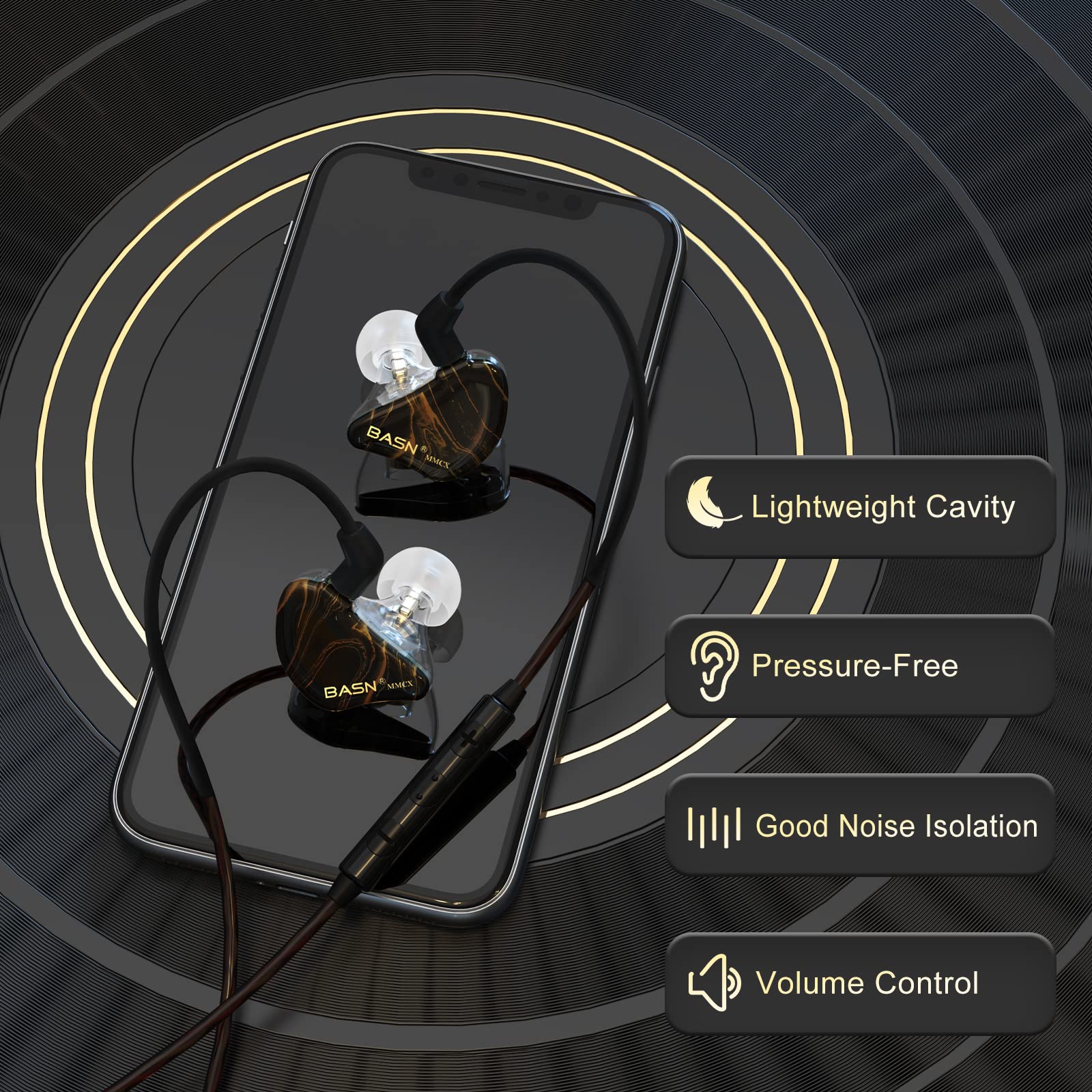 BASN MMCX in Ear Monitor Headphones,Triple Driver IEM in-Ear Earphone for Musician Drummer, Noise-Isolation HiFi Stereo Earbuds with Two Detachable Cables(Golden Obsidian)