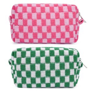 soidram 2 pieces makeup bag pouch checkered cosmetic bag pink green, travel toiletry bag organizer cute makeup brushes storage bag for women