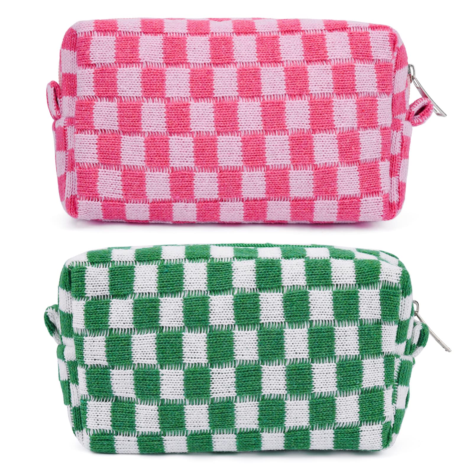 SOIDRAM 2 Pieces Makeup Bag Pouch Checkered Cosmetic Bag Pink Green, Travel Toiletry Bag Organizer Cute Makeup Brushes Storage Bag for Women