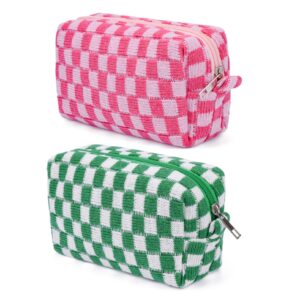 SOIDRAM 2 Pieces Makeup Bag Pouch Checkered Cosmetic Bag Pink Green, Travel Toiletry Bag Organizer Cute Makeup Brushes Storage Bag for Women