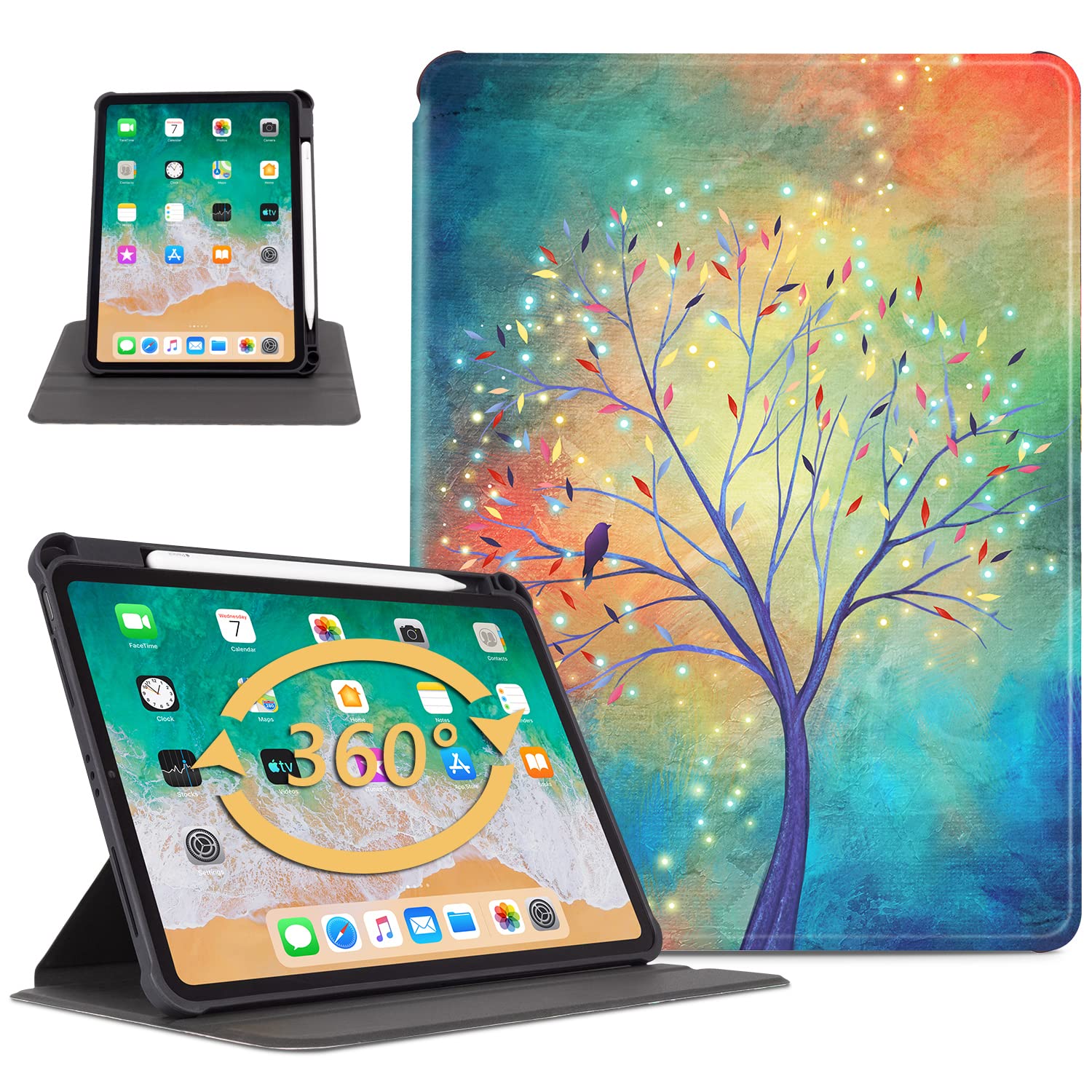 Vimorco iPad Pro 11 Inch Case 4th/3rd/2nd/1st Generation, Fit iPad Air 11 Inch Case, iPad Air 11 Inch M2 Case 2024, iPad Air 5th/4th Generation Case, 360 Degree Rotating, Pencil Holder, Tree Bird