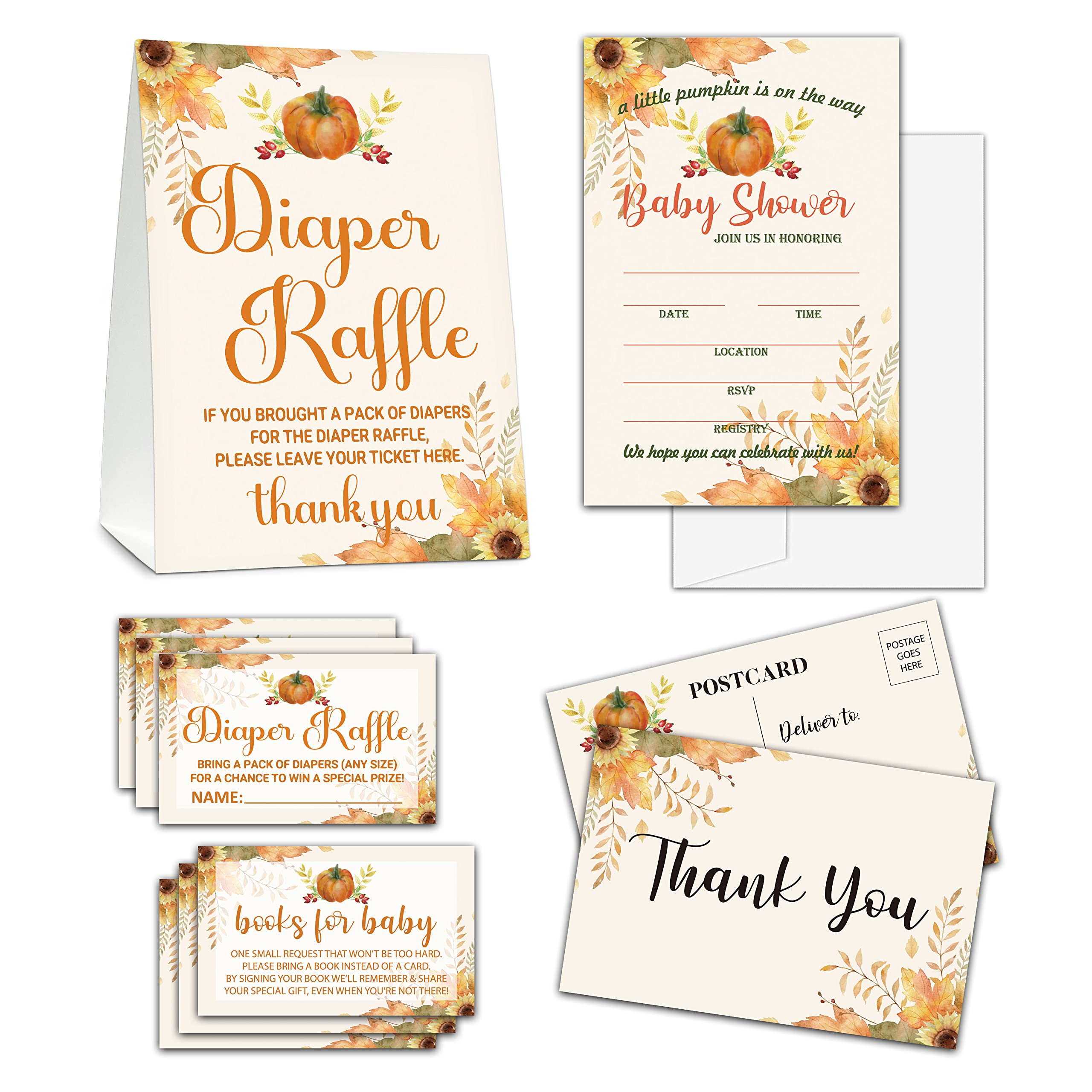 Baby Shower Cards Kit,Happy Fall Thanksgiving Day Set of 25 Baby Shower Invitations with Envelopes, Book Request Cards for Baby Shower,Autumn Pumpkin Baby Shower Party Favor Decoration(02)