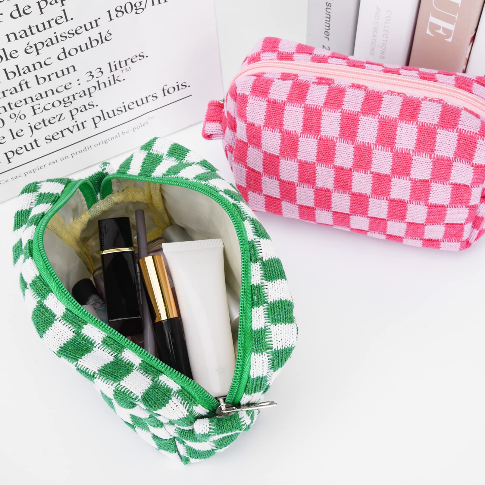 SOIDRAM 2 Pieces Makeup Bag Pouch Checkered Cosmetic Bag Pink Green, Travel Toiletry Bag Organizer Cute Makeup Brushes Storage Bag for Women