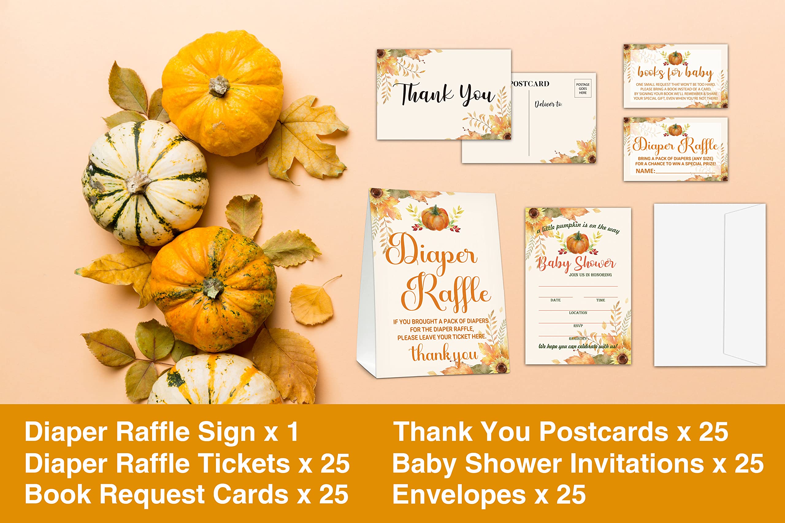 Baby Shower Cards Kit,Happy Fall Thanksgiving Day Set of 25 Baby Shower Invitations with Envelopes, Book Request Cards for Baby Shower,Autumn Pumpkin Baby Shower Party Favor Decoration(02)