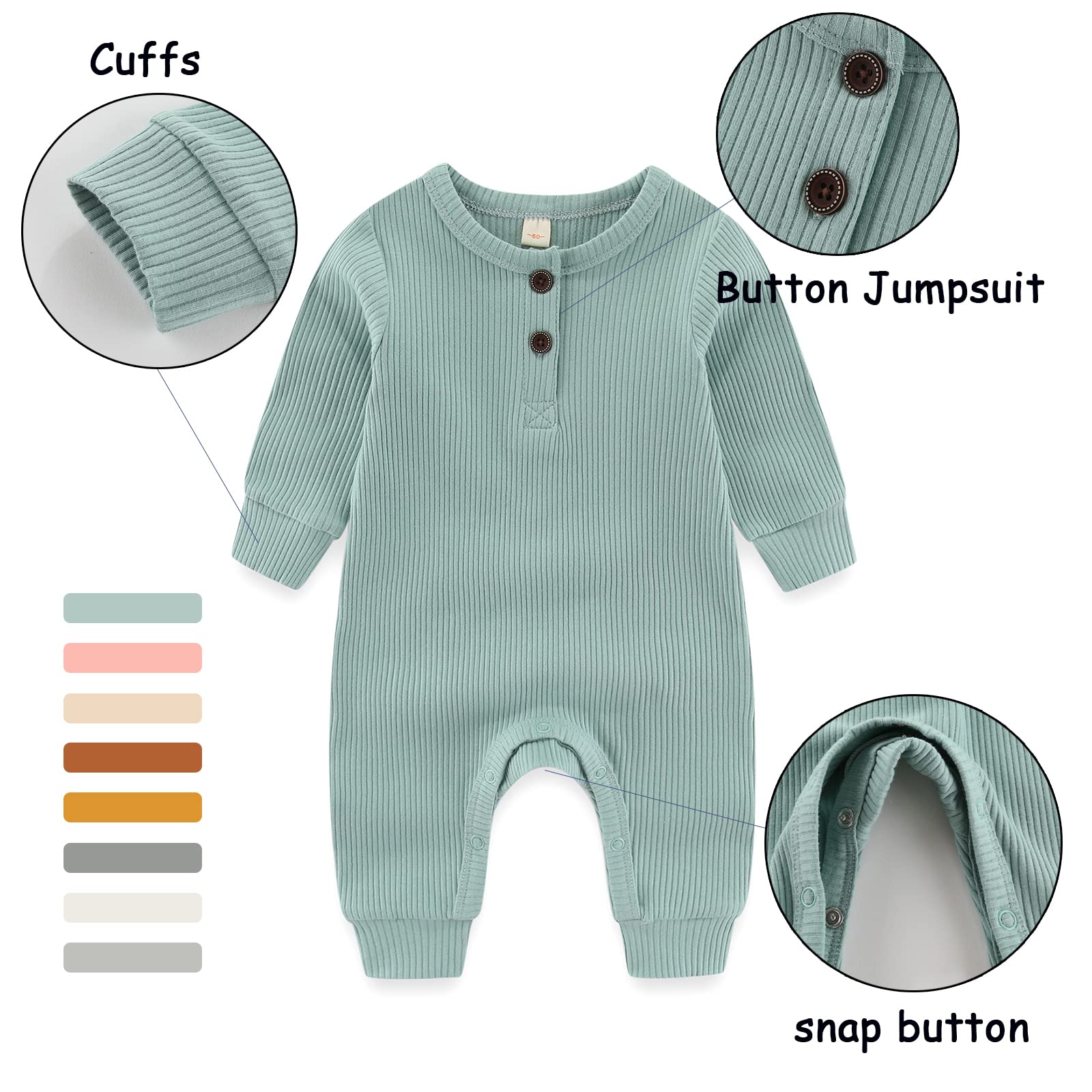 IADOER Newborn Baby Boys Girls One Piece Romper With Mitten Cuffs 3 Pack Long Sleeve Ribbed Button Jumpsuit Outfit Clothes green+blue+gray 6 months Baby Pajamas