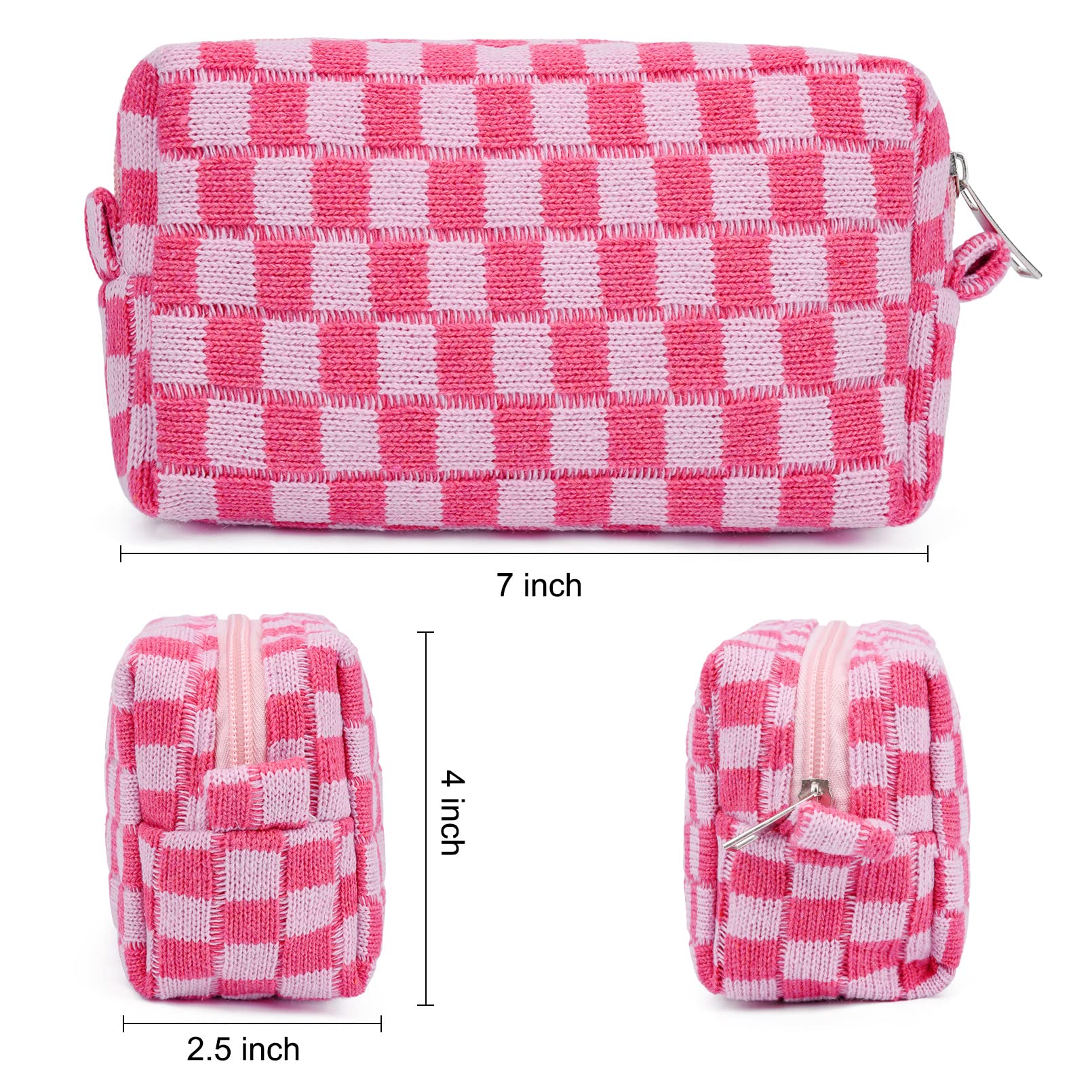 SOIDRAM 2 Pieces Makeup Bag Pouch Checkered Cosmetic Bag Pink Green, Travel Toiletry Bag Organizer Cute Makeup Brushes Storage Bag for Women